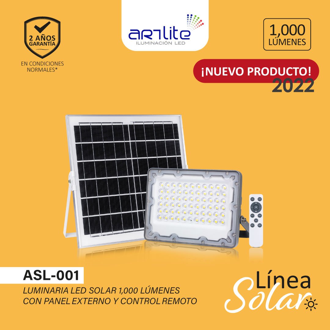 ASL-001 – REFLECTOR LED SOLAR 1,000 LÚMENES CON PANEL EXTERNO Y CONTROL REMOTO