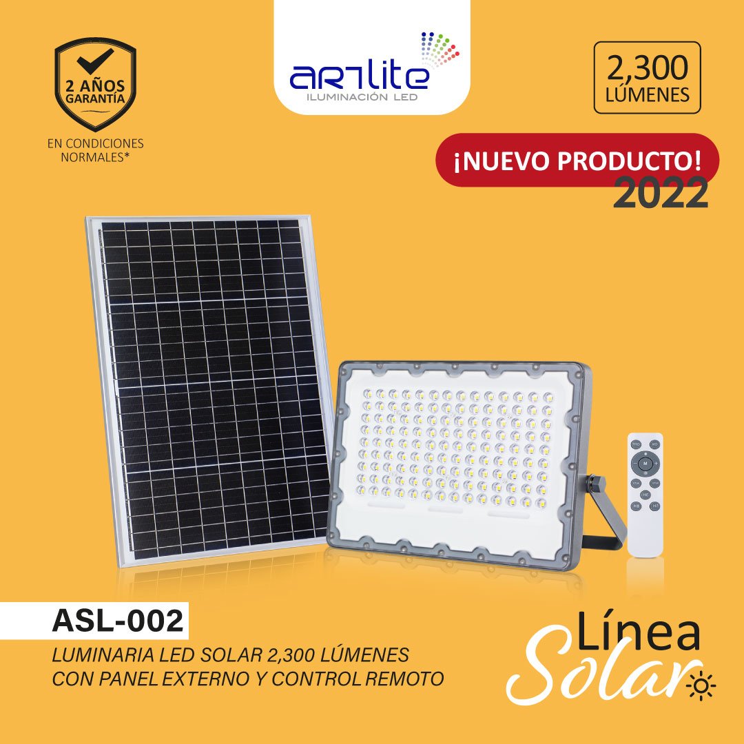 ASL-002 – REFLECTOR LED SOLAR 2300 LÚMENES CON PANEL EXTERNO Y CONTROL REMOTO