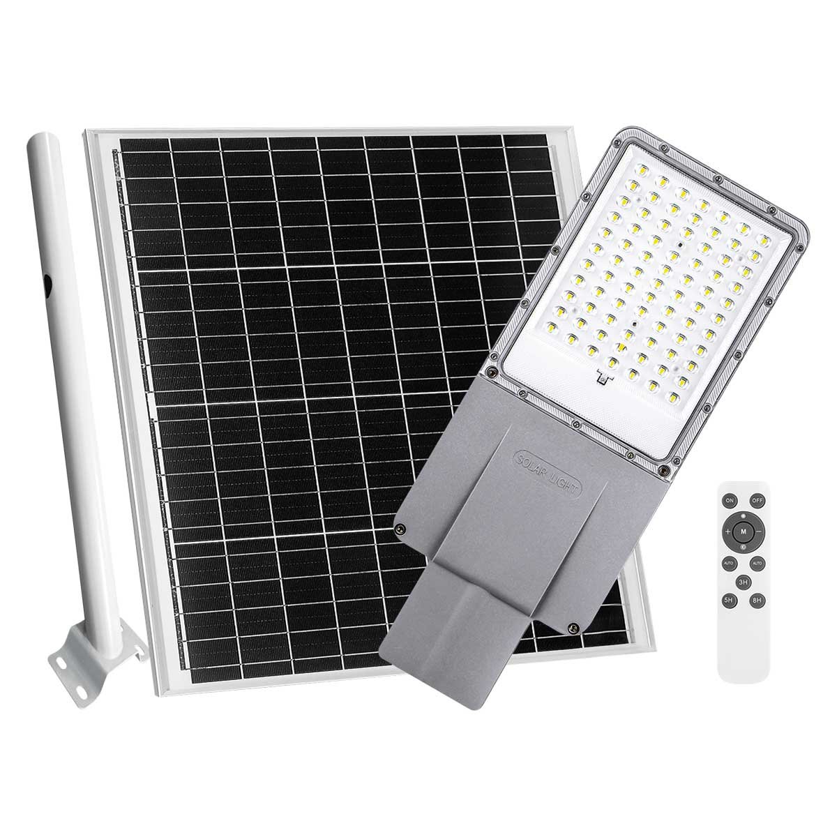 ASL-003 – LUMINARIA LED DE CALLE SOLAR 3200 LÚMENES CON PANEL EXTERNO, CONTROL Y BRAZO SUJETADOR