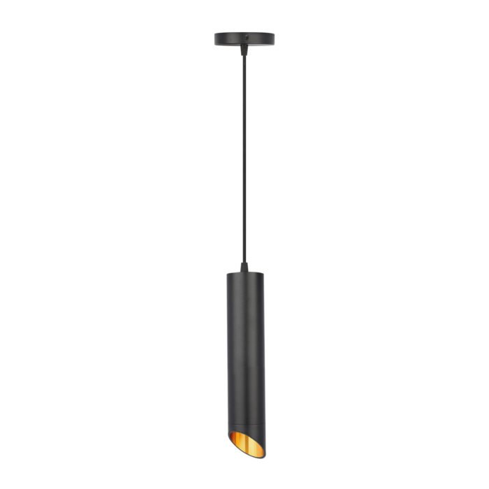 ADE-613-DECORATIVO COLGANTE CILINDRO CON CORTE DIAGONAL ALUMINIO NEGRO Y DORADO 30CM INTERIOR IP20 BASE GU10