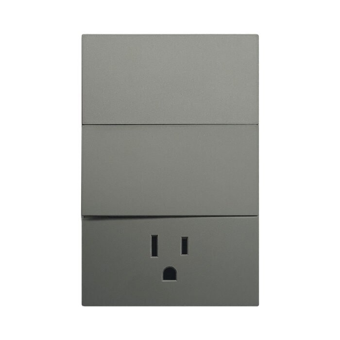 APL-406-PLACA LUXURY CONTACTO SENCILLO Y APAGADOR DE 2 INTERRUPTORES 3 VIAS 90-277VCA GRIS OXFORD 74X112MM SKIN FEEL