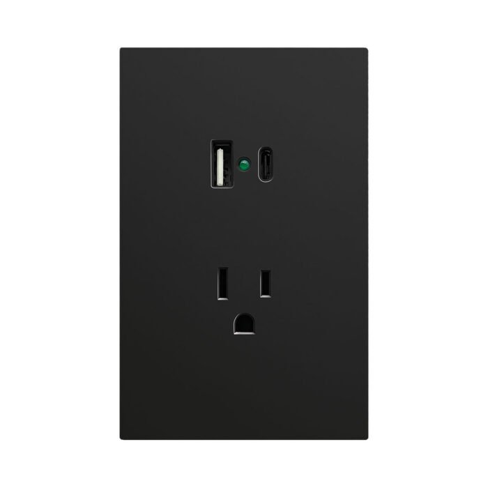 APL-607-PLACA LUXURY CONTACTO SENCILLO 90-277VCA Y CONVERTIDOR DE VOLTAJE DOBLE USB (TIPO A Y C) 5VCD 2.1A COLOR NEGRO 74X112MM SKIN FEEL