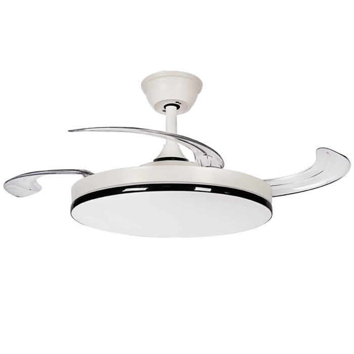 AVE-401 – VENTILADOR RETRACTIL LED 36W DE TECHO 4 ASPAS DE 42 PULGADAS MOTOR DC CON CONTROL REMOTO COLOR BLANCO 6 VELOCIDADES Y CCT BLANCO FRÍO NEUTRO Y CÁLIDO